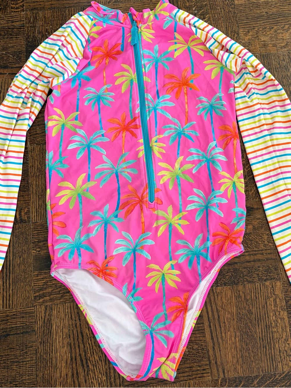 Hatley Pink Palm Tree Long-Sleeve Rashguard Swimsuit with Multicolor Stripes